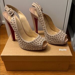 Beige Studded Slingback Heels